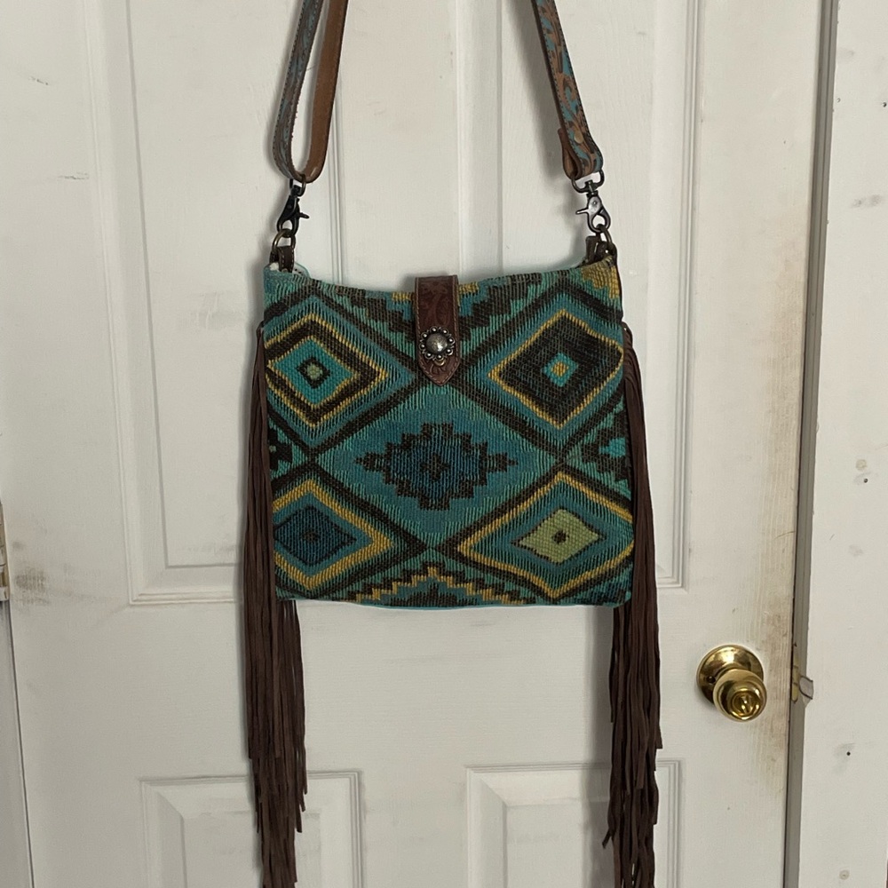 Myra Bag Aztec Pattern Crossbody Bag with Fringe - Teal and Brown